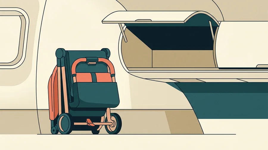 Folded travel pushchair beside an aircraft overhead locker